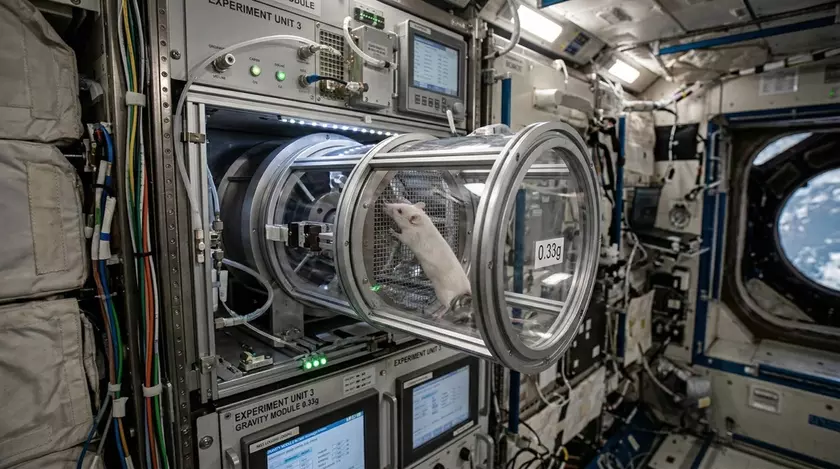 Лабораторная мышь в условиях невесомости на борту космической станции