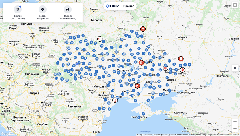 Opir: сайт, который позволяет найти продуктовые магазины, заправки, отделения Новой почты, источники с питьевой водой и бомбоубежища