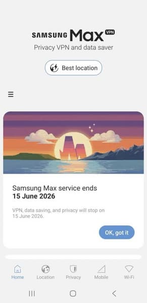 Інтерфейс повідомлення про закриття Samsung Max