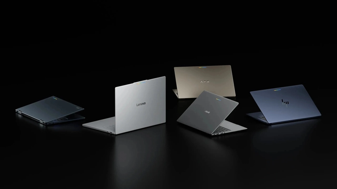 Googlebook OS features the Material 3 Expressive interface with the Glowbar LED strip visible along the lid.