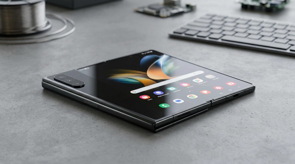 Rendu 3D du Samsung Galaxy Z Fold8 Wide déplié révélant son écran large