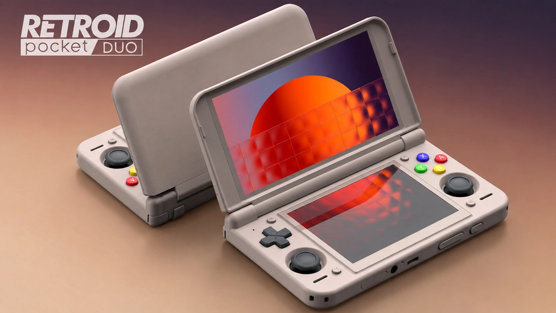 Retroid Pocket Duo Lite — dual 60Hz LCD screens in a DS-style clamshell body.