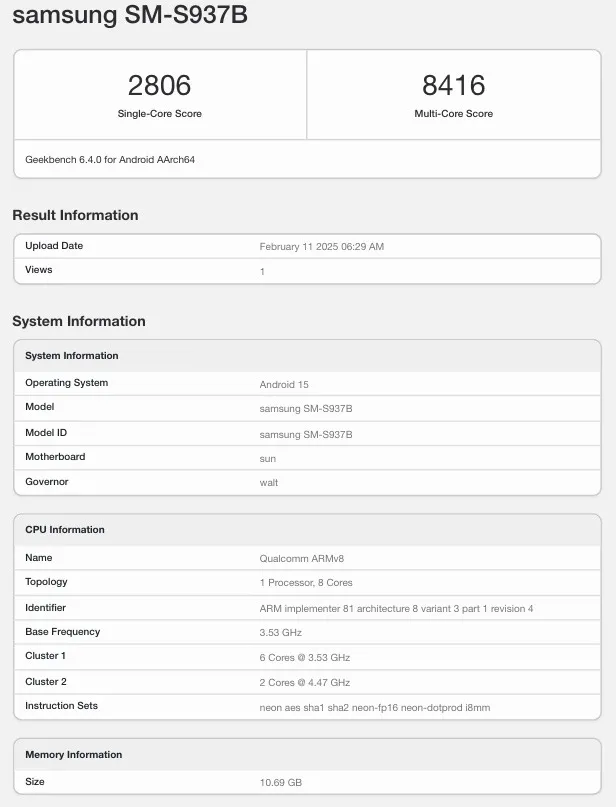 Test the global version of the Galaxy S25 Edge on Geekbench
