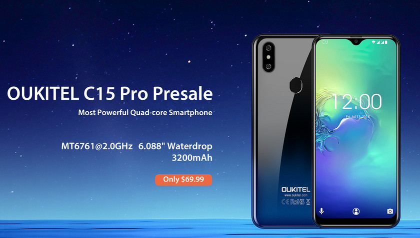Смартфон OUKITEL C15 Pro с «капелькой» уже в продаже за $69.99