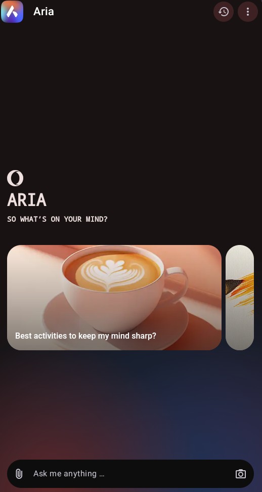 Aria AI в мобільному браузері Opera Mini