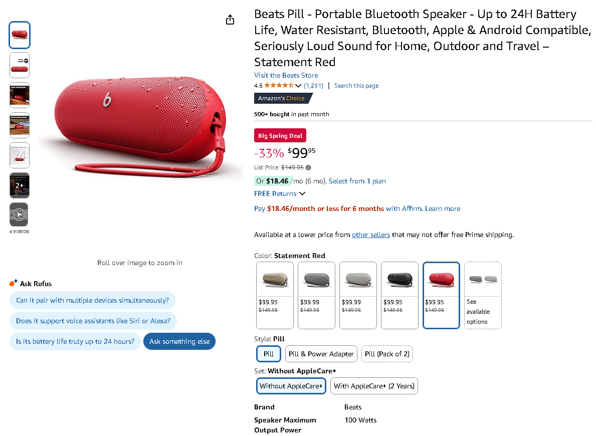 Screenshot of the Beats Pill Bluetooth Speaker on Amazon