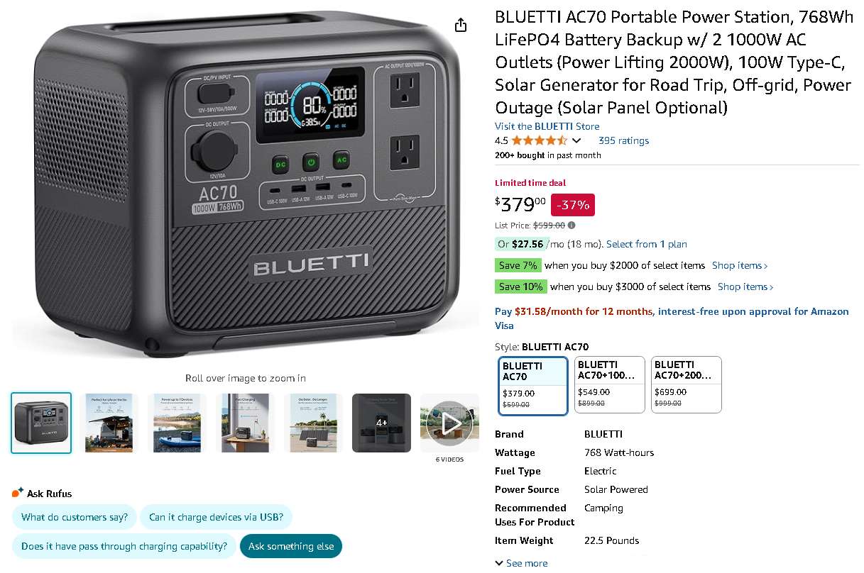 Screenshot of the BLUETTI AC70 Portable Power Station
