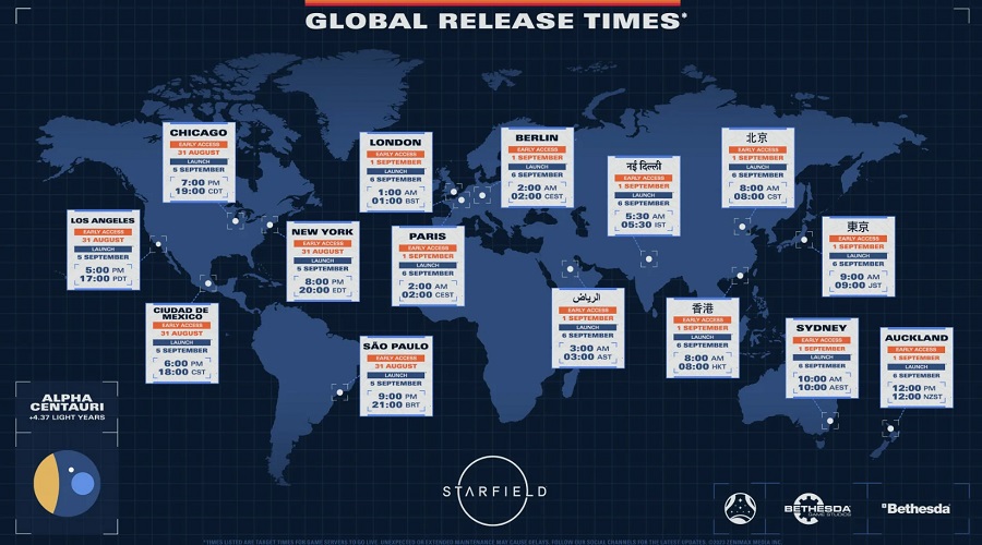 Bethesda a publié une carte visuelle indiquant les dates de sortie de Starfield dans les différents fuseaux horaires et a rappelé la configuration requise pour son ambitieux jeu de rôle.-2