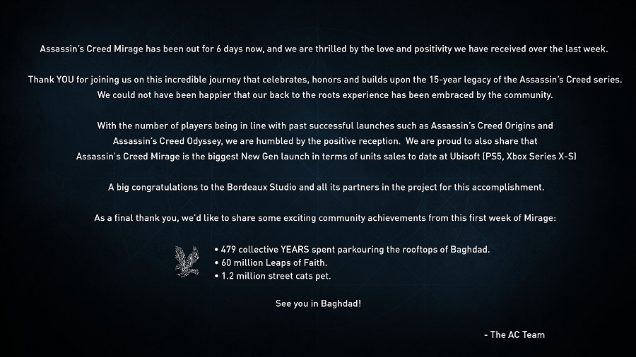 Over a million kitties petted and 60 million Leaps of Faith: Ubisoft has summarised Assassin's Creed Mirage's first week after release-2