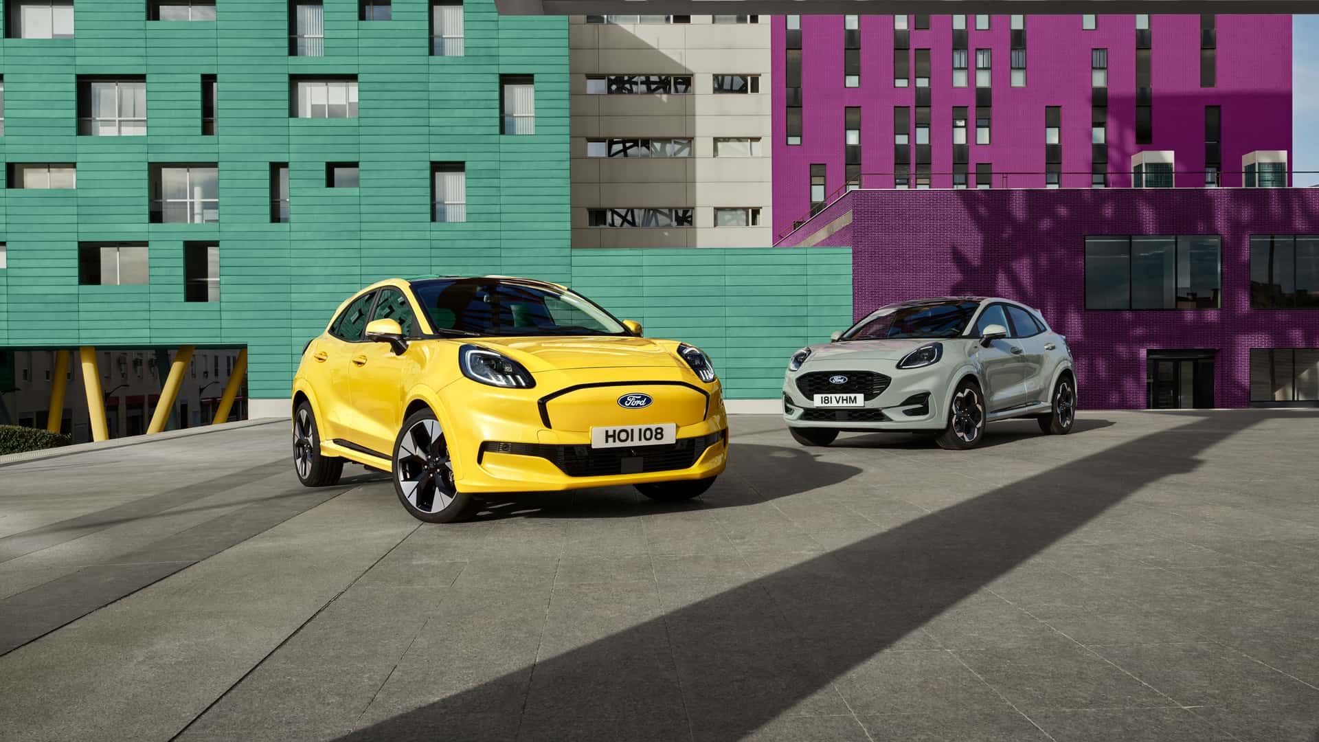 Ford Puma Gen-E yellow version and regular Ford Puma grey version