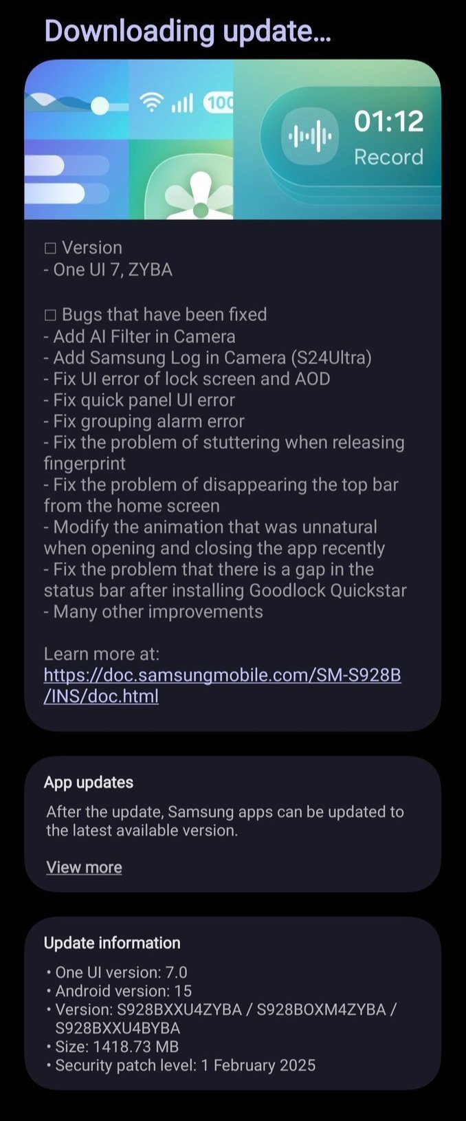 Image of the One UI 7.0 beta update for the Galaxy S24
