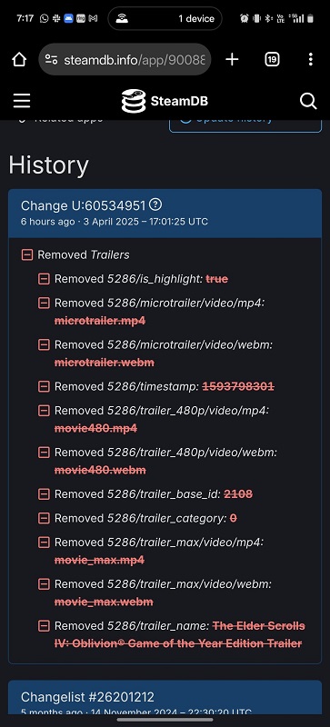 Screenshot of the game's SteamDB page