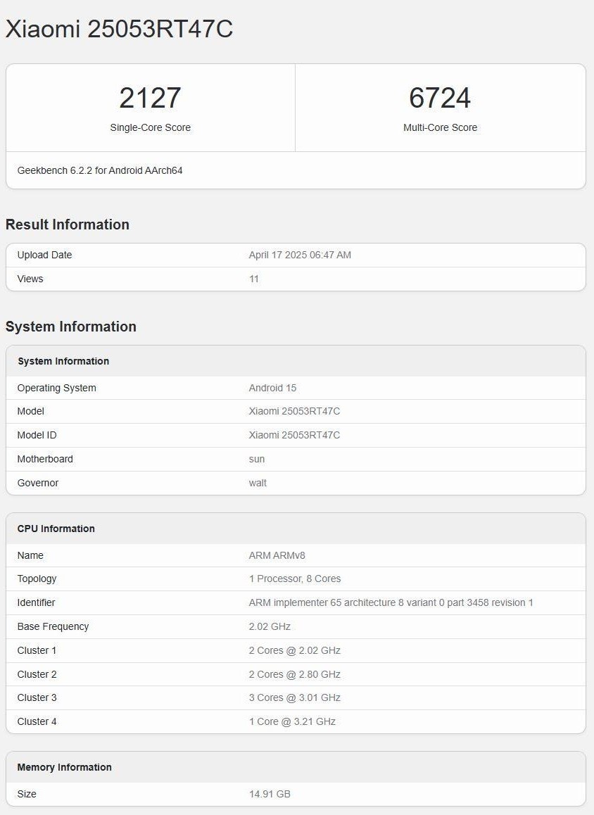 Результати тесту передбачуваного Redmi Turbo 4 Pro в Geekbench