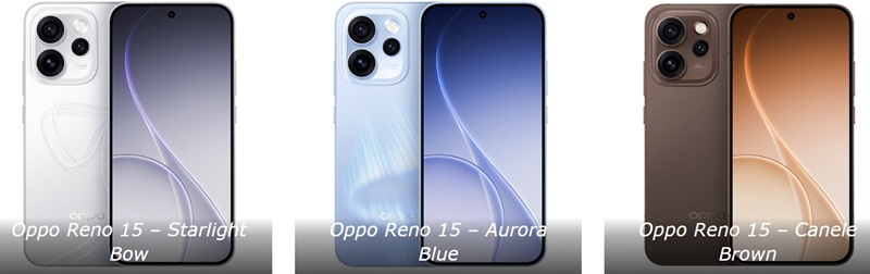 Oppo Reno 15 in three colors