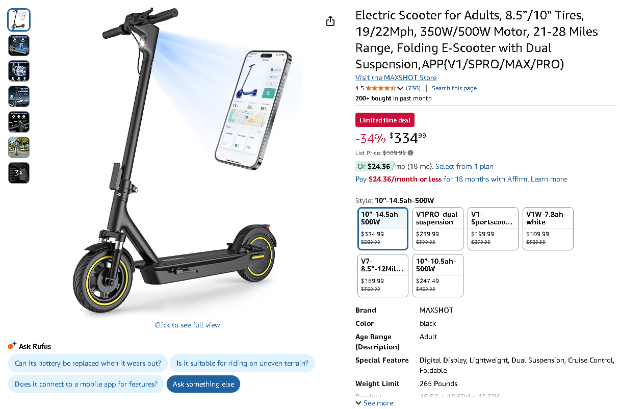 Screenshot of the MAXSHOT V1MAX Electric Scooter