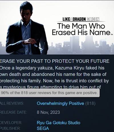 Les utilisateurs de Steam sont enthousiasmés par le jeu d'action Like a Dragon Gaiden : The Man Who Erased His Name et ne laissent que des commentaires positifs sur le jeu.-3