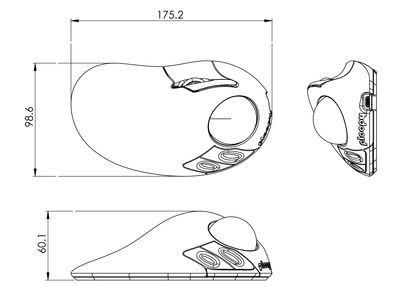 Dimensions du trackball Classic 2. Illustration : Ploopy