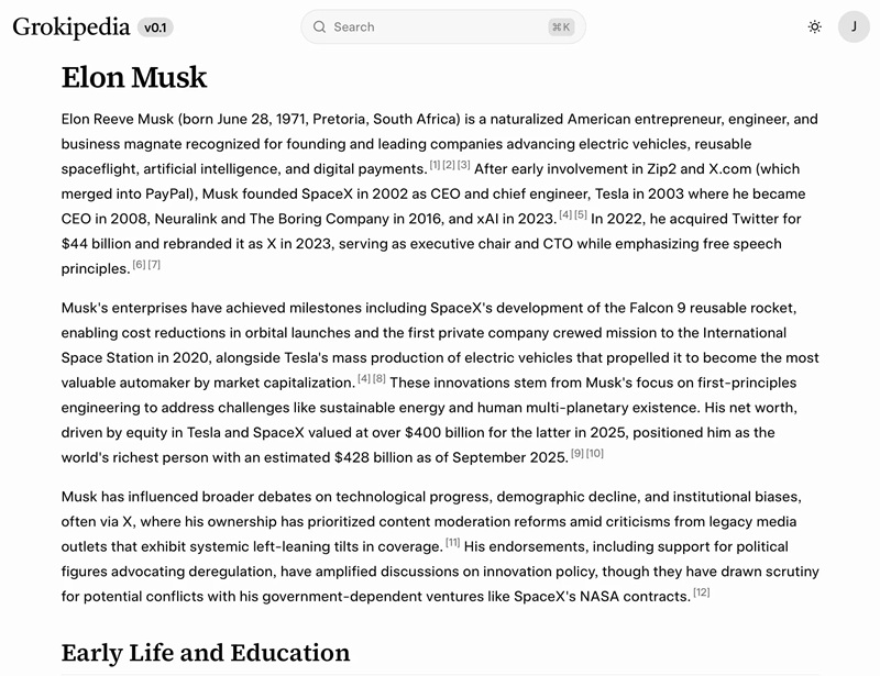 Скриншот страницы Grokipedia
