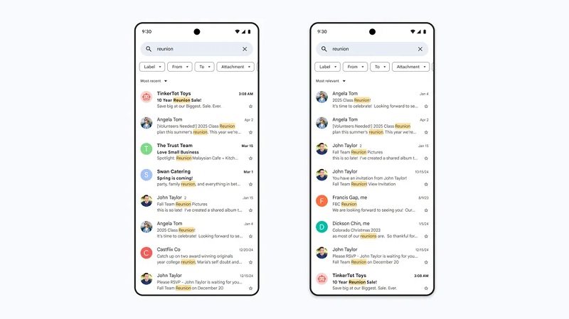 Поиск в Gmail до и после обновления