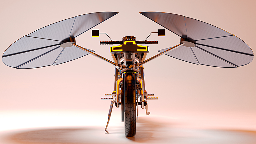 SOLARIS motorcycle with photovoltaic wings at stop