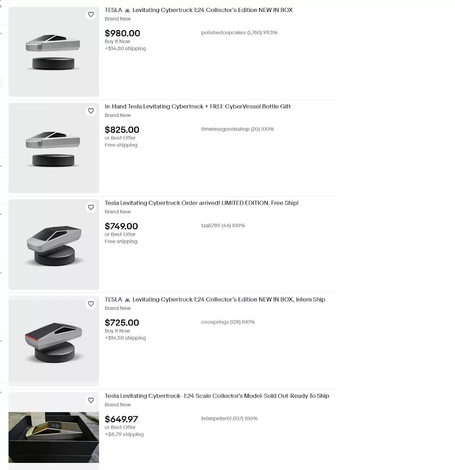 Capture d'écran des publicités pour le Cybertruck Tesla miniature à vendre