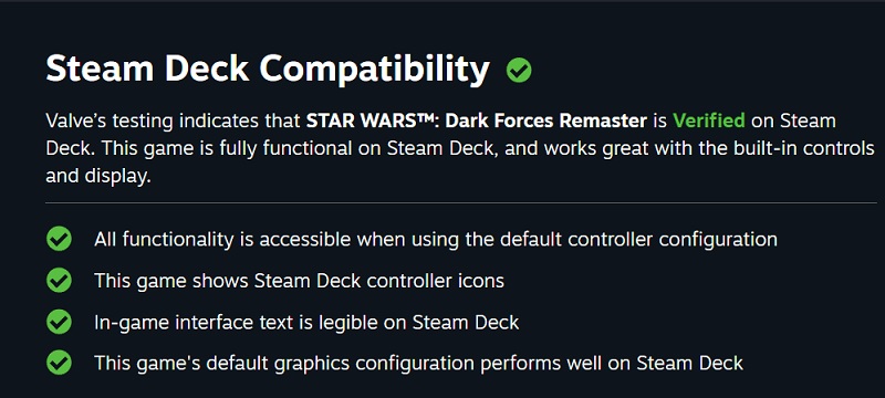 The remaster of the cult shooter Star Wars: Dark Forces will get full Steam Deck compatibility from day one after release-2