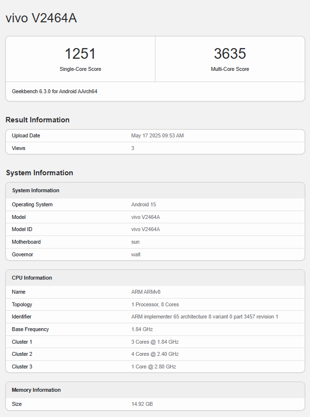 Vivo S30 тест на Geekbench