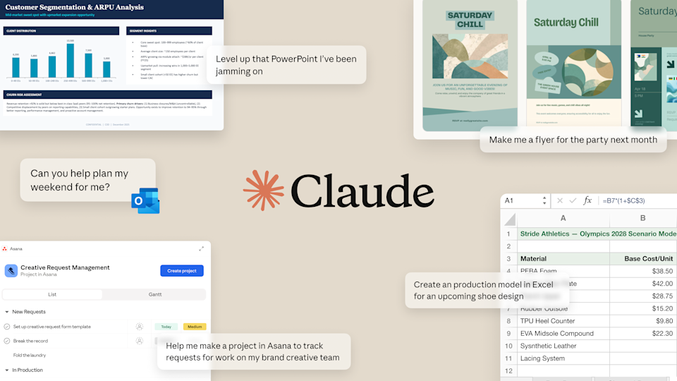 Иллюстрация с логотипом Claude и примерами использования ИИ для офисных задач