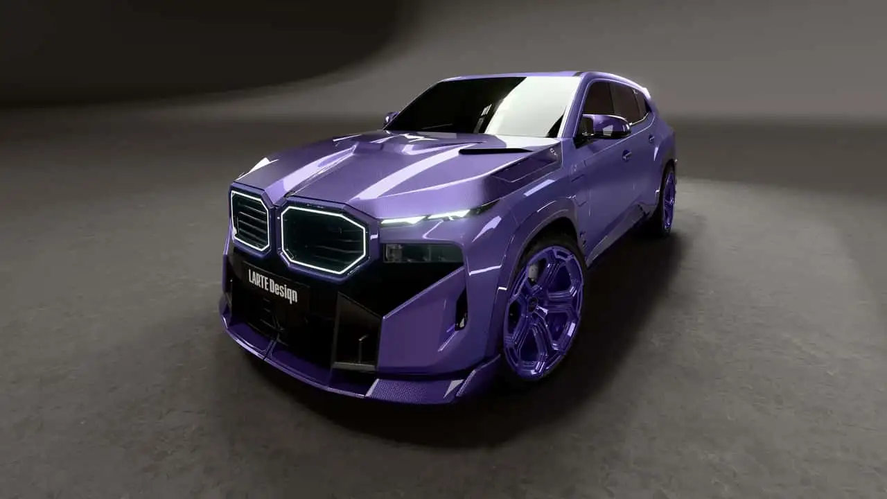 BMW XM левый передний вид в цвете Lunar Lilac