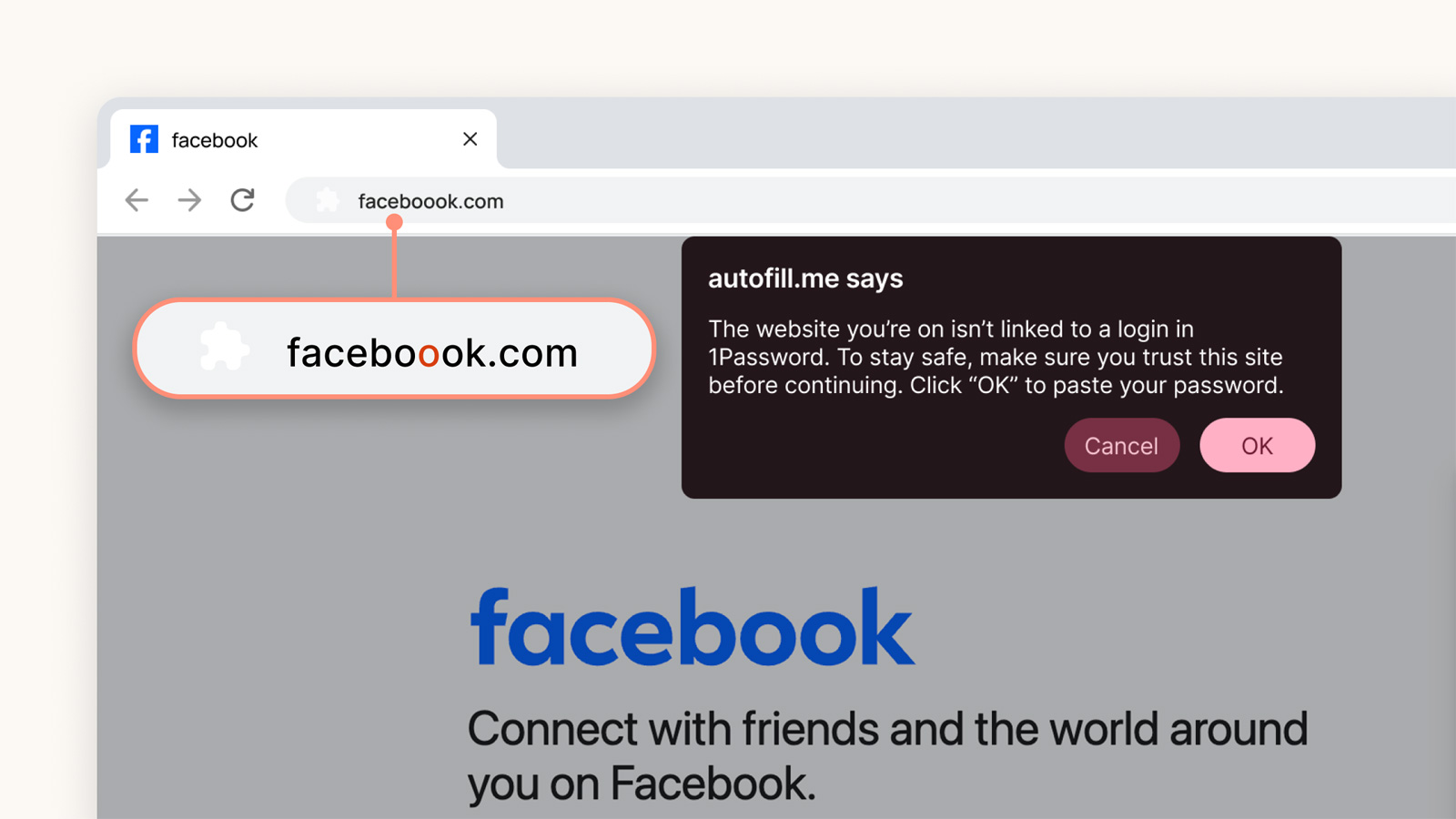 1Password protection contre le phishing avertissement