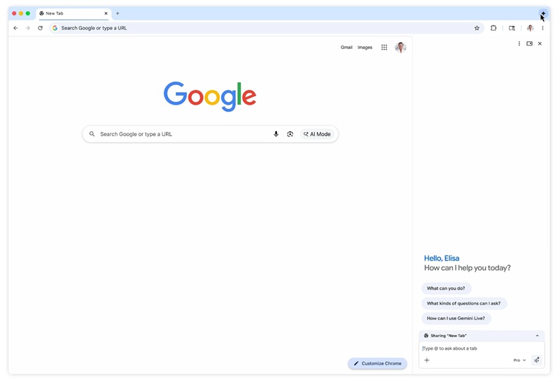 Интерфейс боковой панели с Gemini 3 в Google Chrome