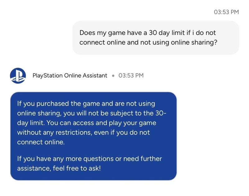 Sony support staff confirmed the 30-day check system via chat, but gave contradictory answers about what happens after the period expires.