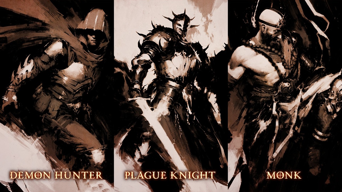 The three confirmed Diablo V classes: Demon Hunter, Monk, and the new Plague Knight.