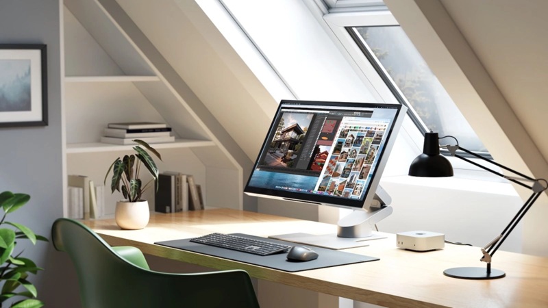 Alogic Aspekt Touch 27" monitor with the optional Omni Fold stand, which includes a built-in Mac mini dock.