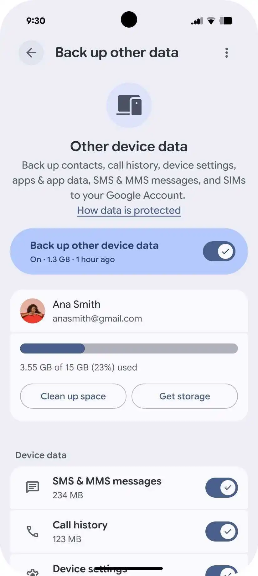 Android backup controls screen 1