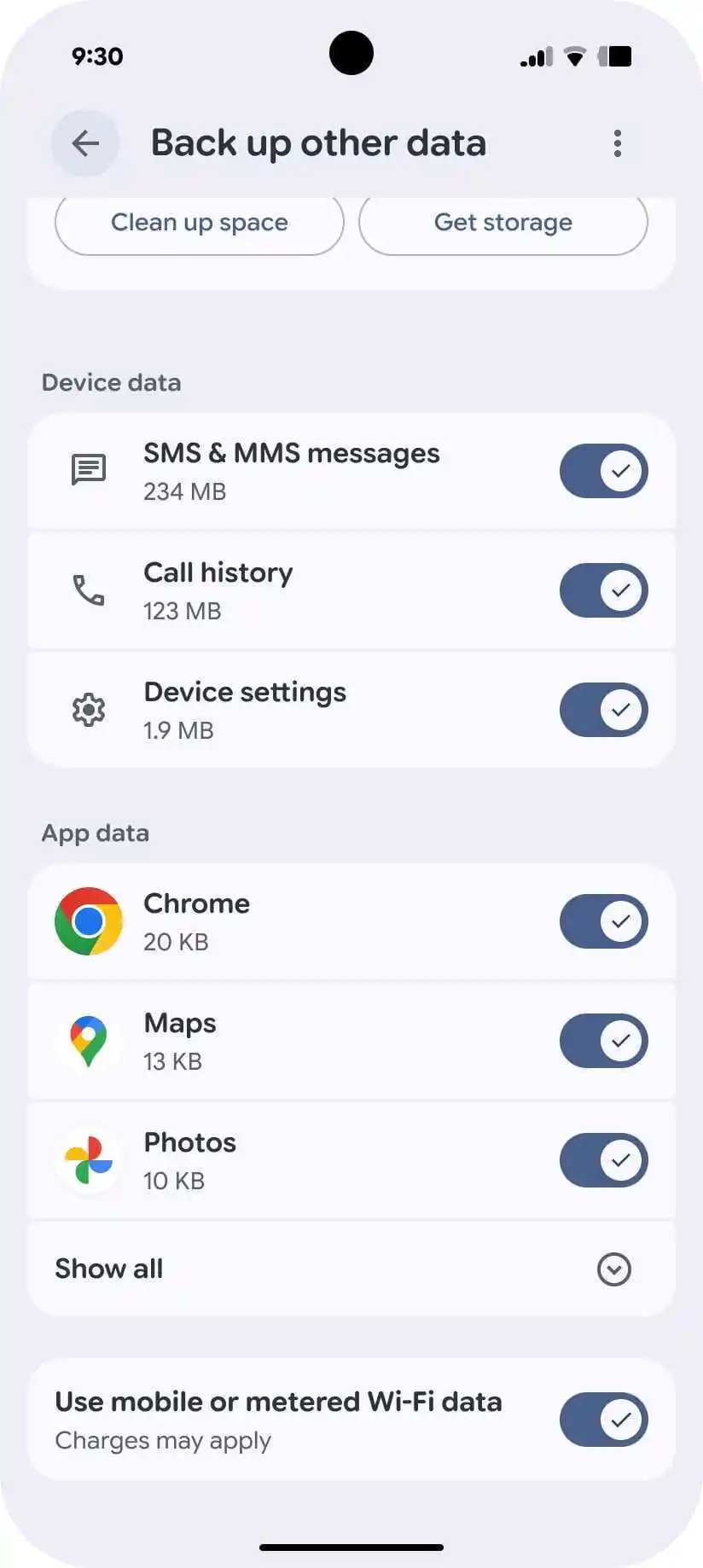 Android backup controls screen 2