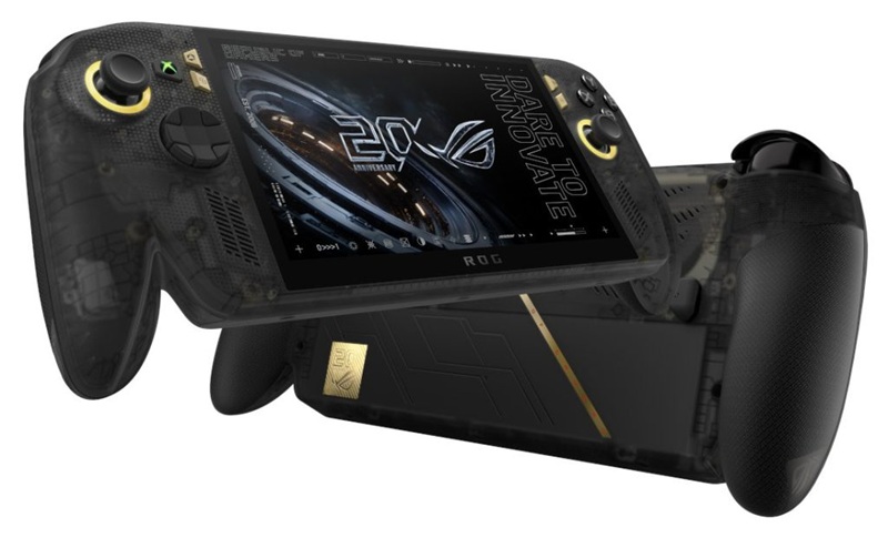 The ROG Ally X20 in its translucent black chassis with gold accents, marking 20 years of the ROG brand.