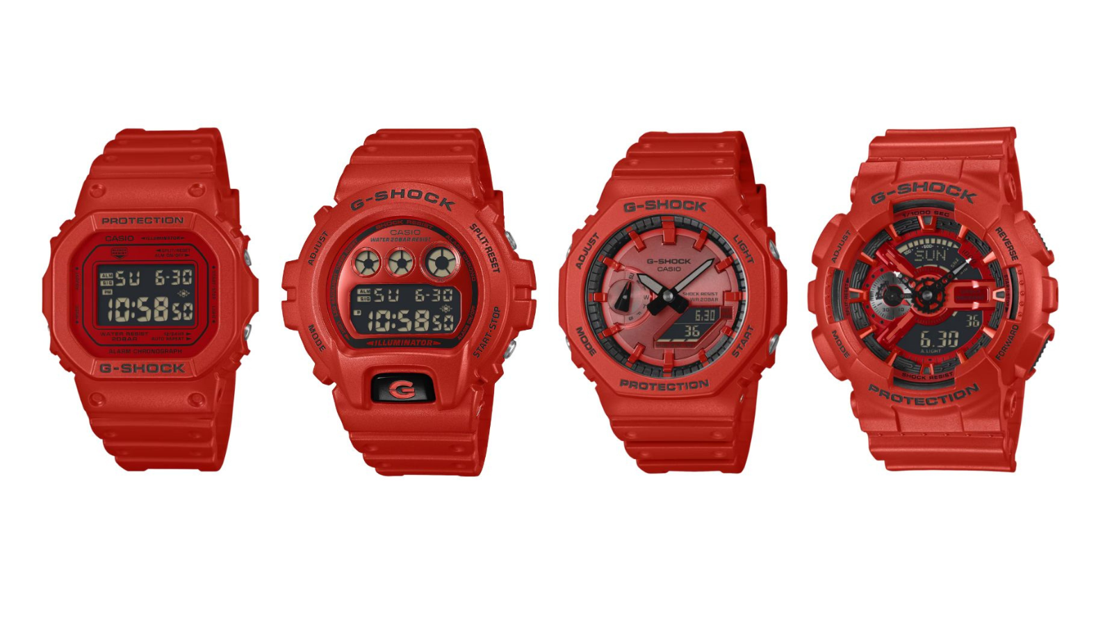 Часы Casio G-Shock красного цвета: DW5600RRB-4, DW6900RRB-4, GA2100RRB-4A и GA110RRB-4A