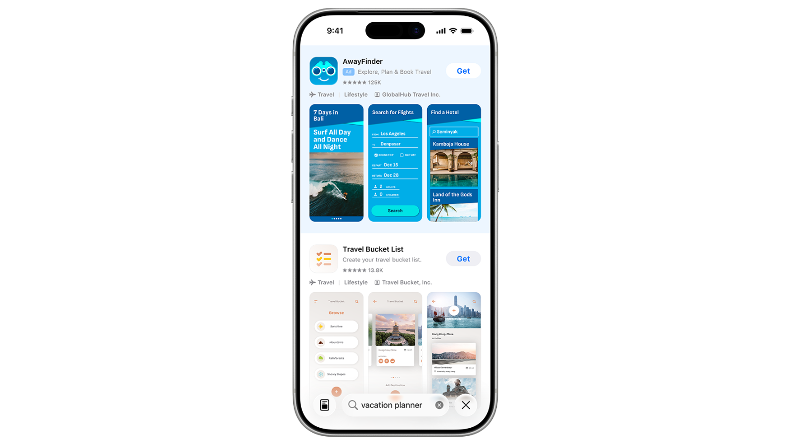Ілюстрація: туристичний застосунок AwayFinder у результатах пошуку App Store