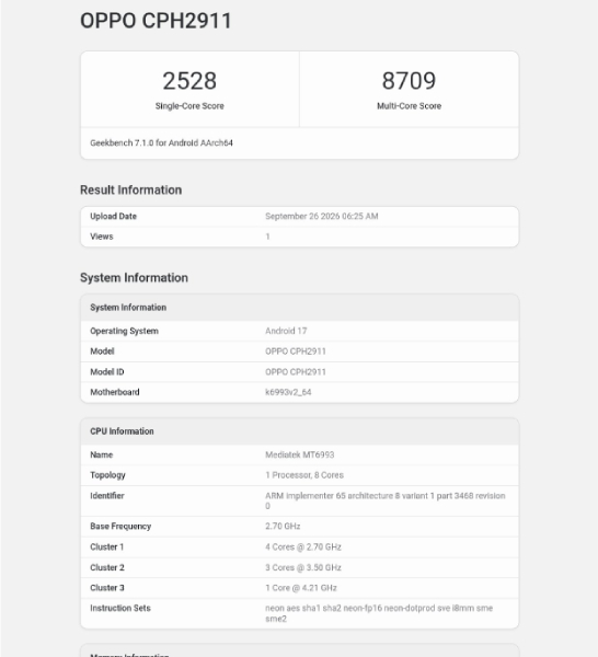 Результати тестування смартфона OPPO Find X10 на Geekbench