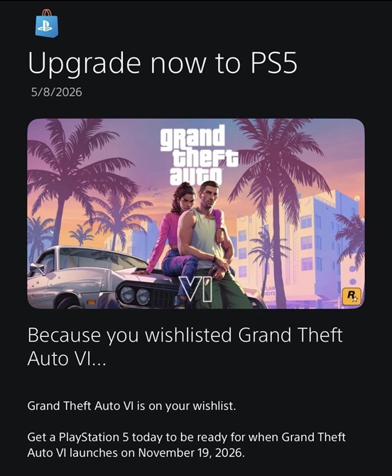 Изображение GTA VI с уведомлением PlayStation