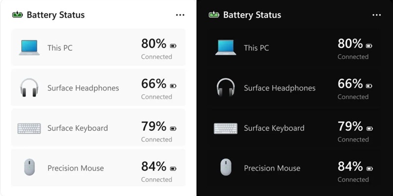 The battery widget spotted in Windows 11 preview builds, showing connected device charge levels in a compact list.