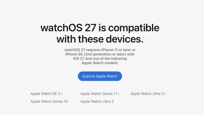 Скріншот сумісності watchOS 27 з моделями Apple Watch