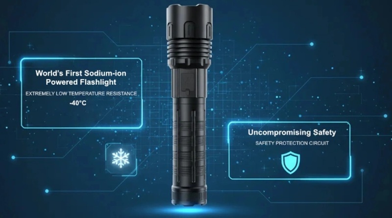 Sodiumfrostglow flashlight with sodium-ion battery