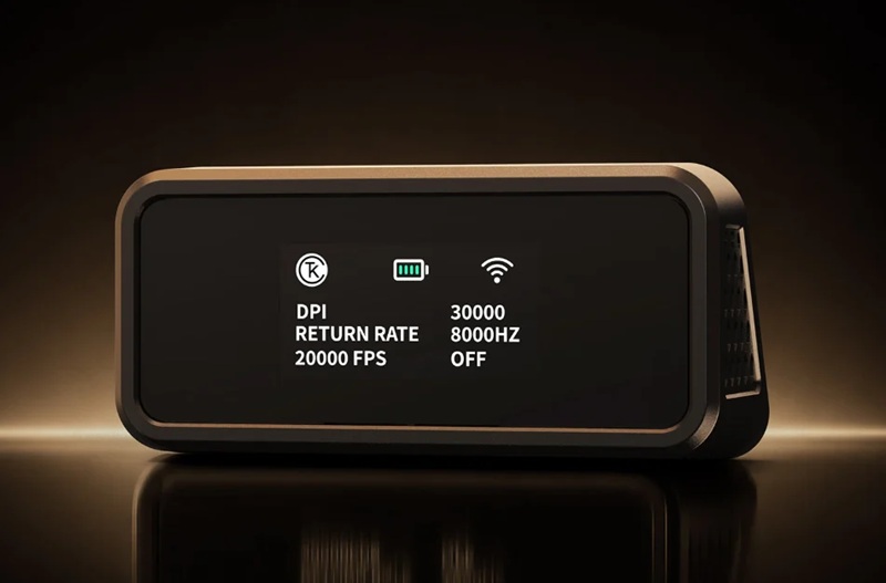 Le récepteur 2,4 GHz fourni avec la G3 Air intègre un écran couleur affichant DPI, fréquence de sondage et niveau de batterie.