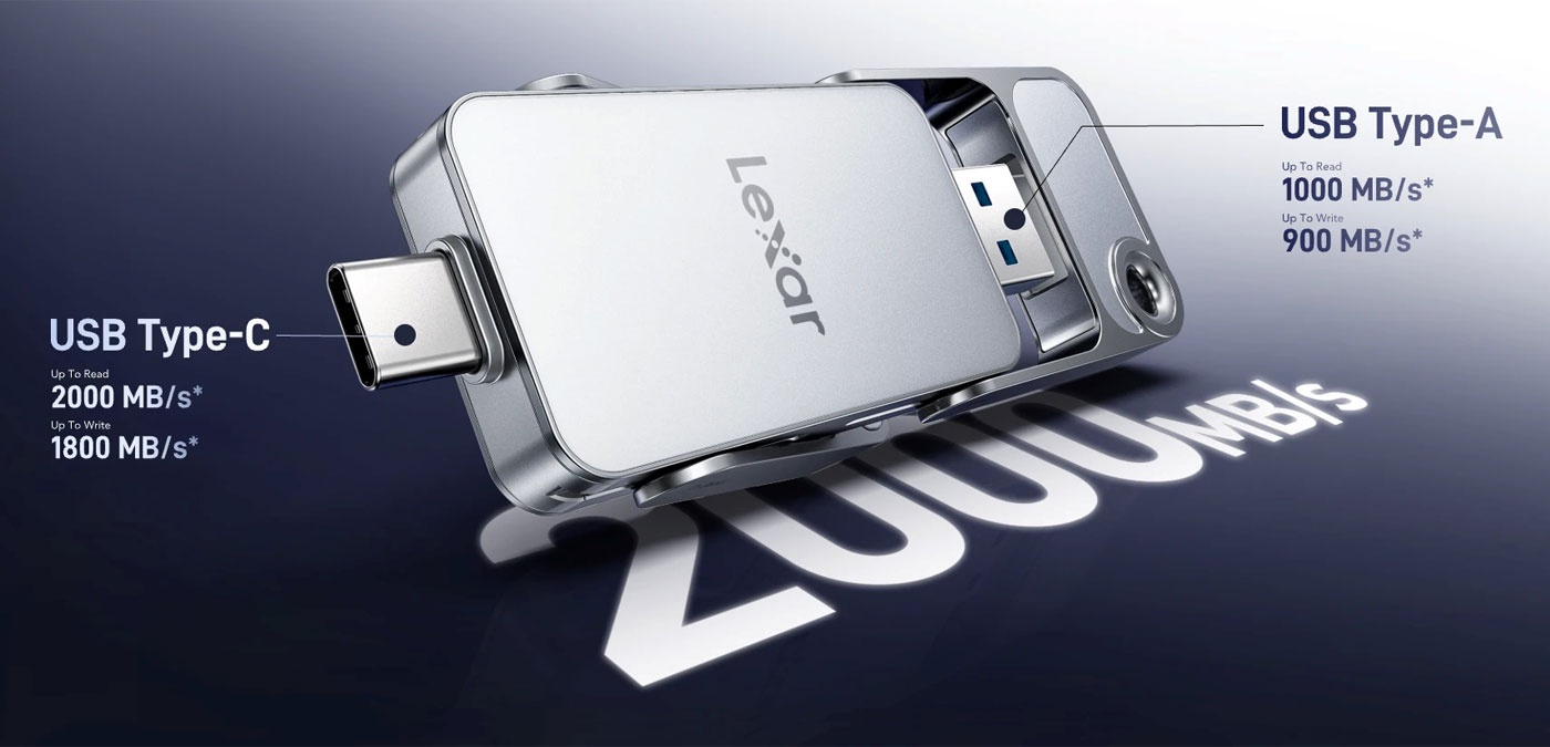 Lexar Dual Drive Portable SSD D70E з двома роз'ємами USB-C та USB-A