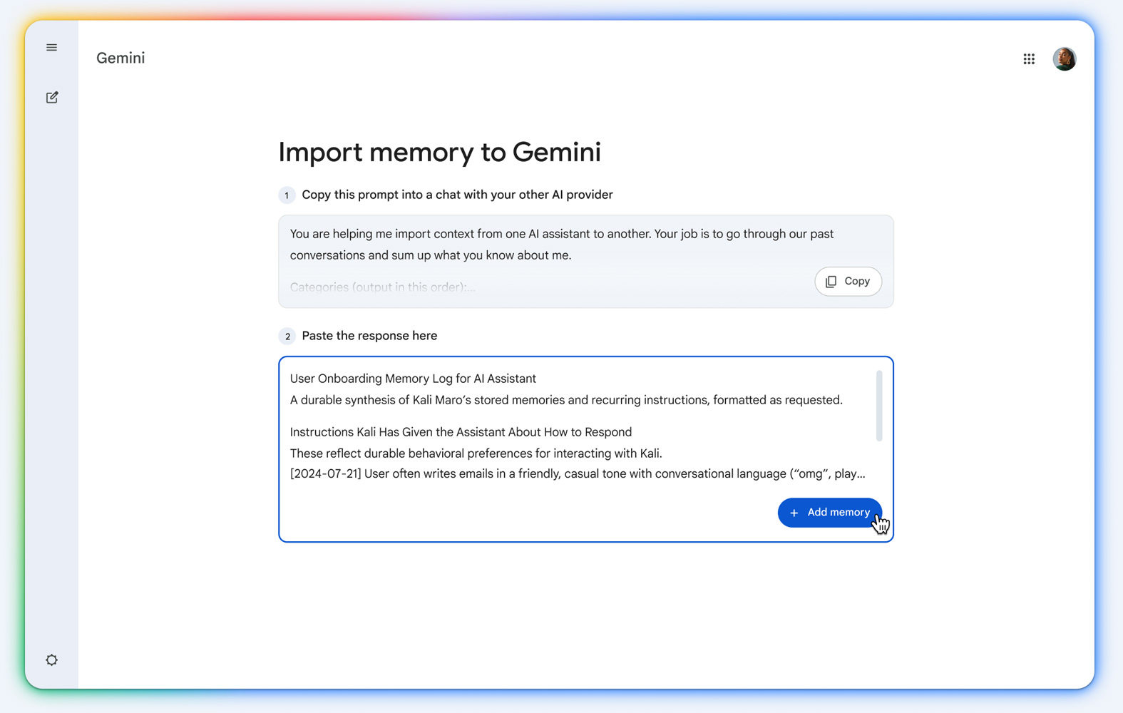 Импорт памяти в Gemini