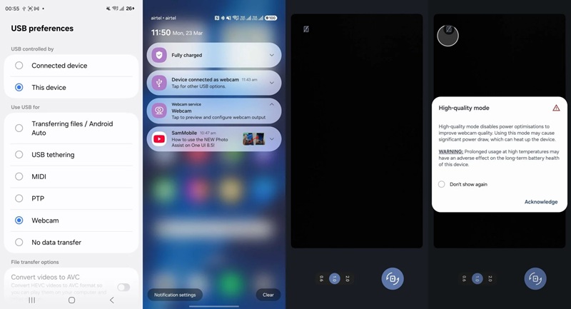 Samsung Galaxy S26 in Webcam mode on One UI 8.5