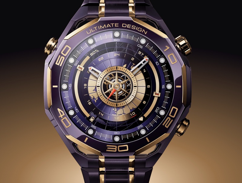 Huawei Watch Ultimate Design Royal Gold against the packaging