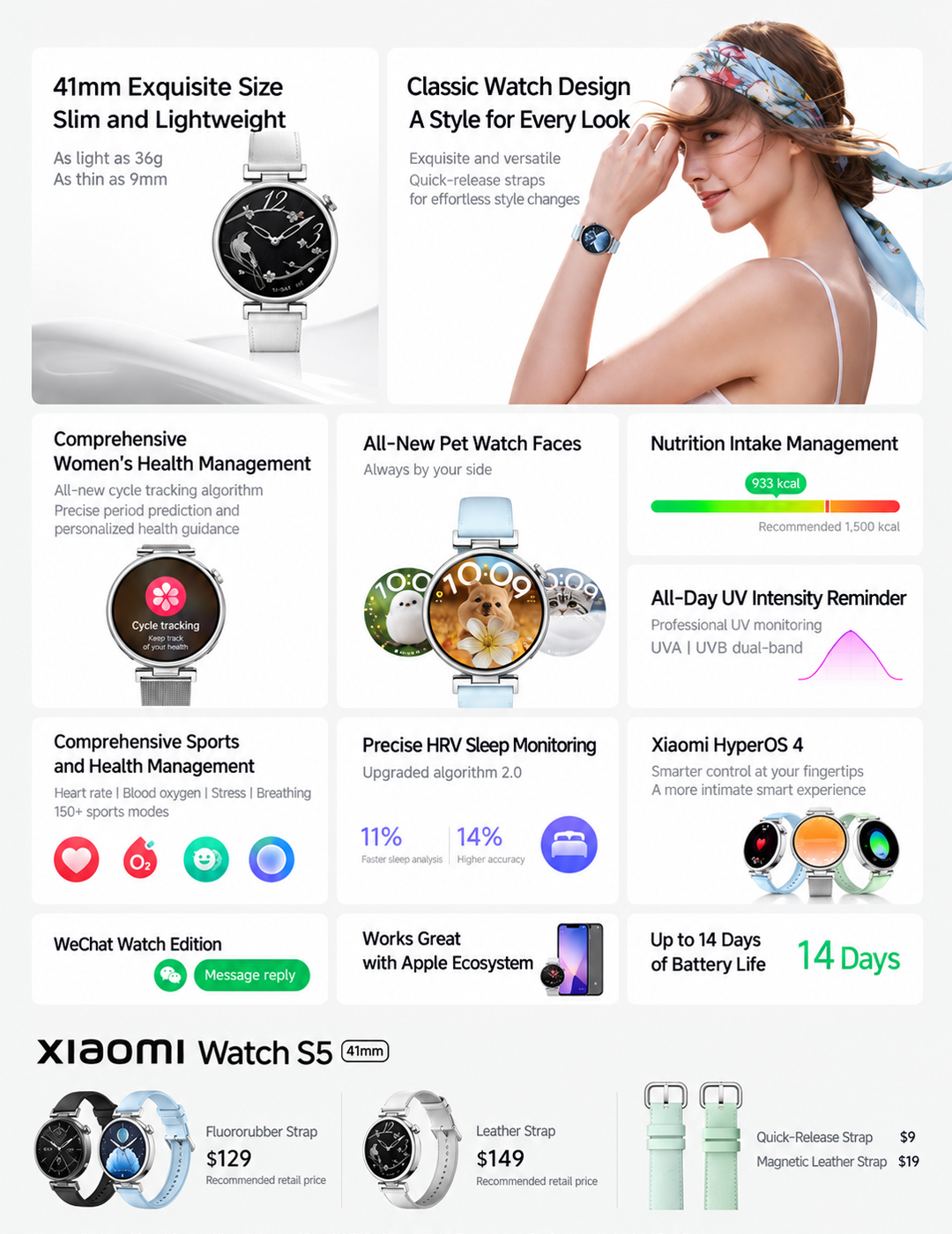 Interface HyperOS 4 et animaux virtuels sur le cadran de la Xiaomi Watch S5 41mm.